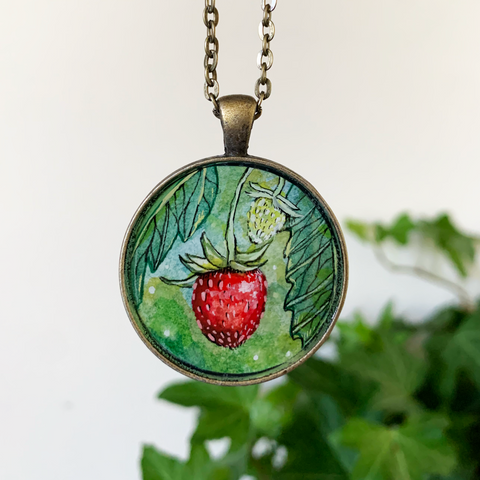 Wild Strawberry // Hand-painted Watercolor Pendant